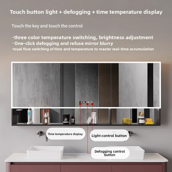 Modern Luxurious Anti-Fog Aluminum LED Bathroom Vanity Mirror Cabinet Time Display Water Resistant for Hotel Apartment Use
