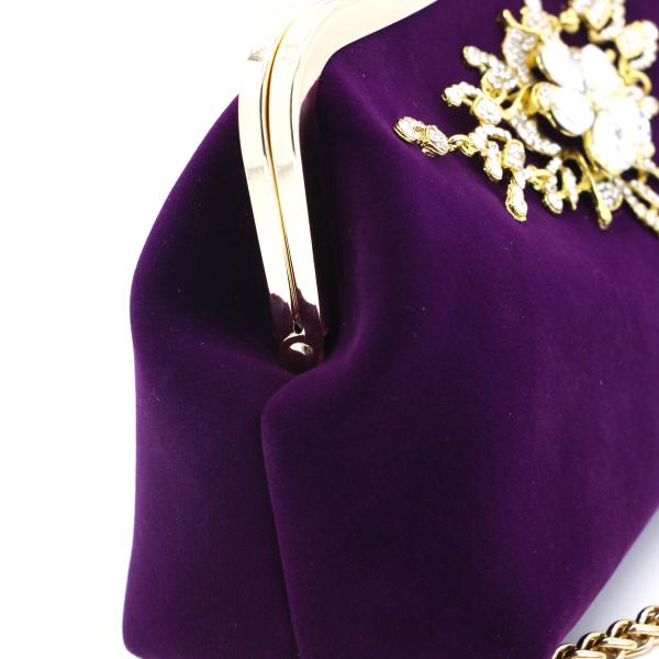 Purple Velvet Fabric Evening Clutch Bag For Women Flora Diamond Decoration OEM