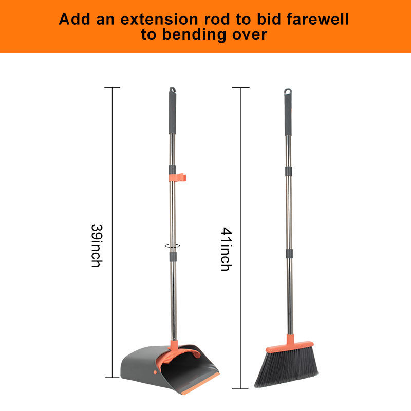 Long Handle Broom and Dustpan Set with Self-Cleaning Teeth