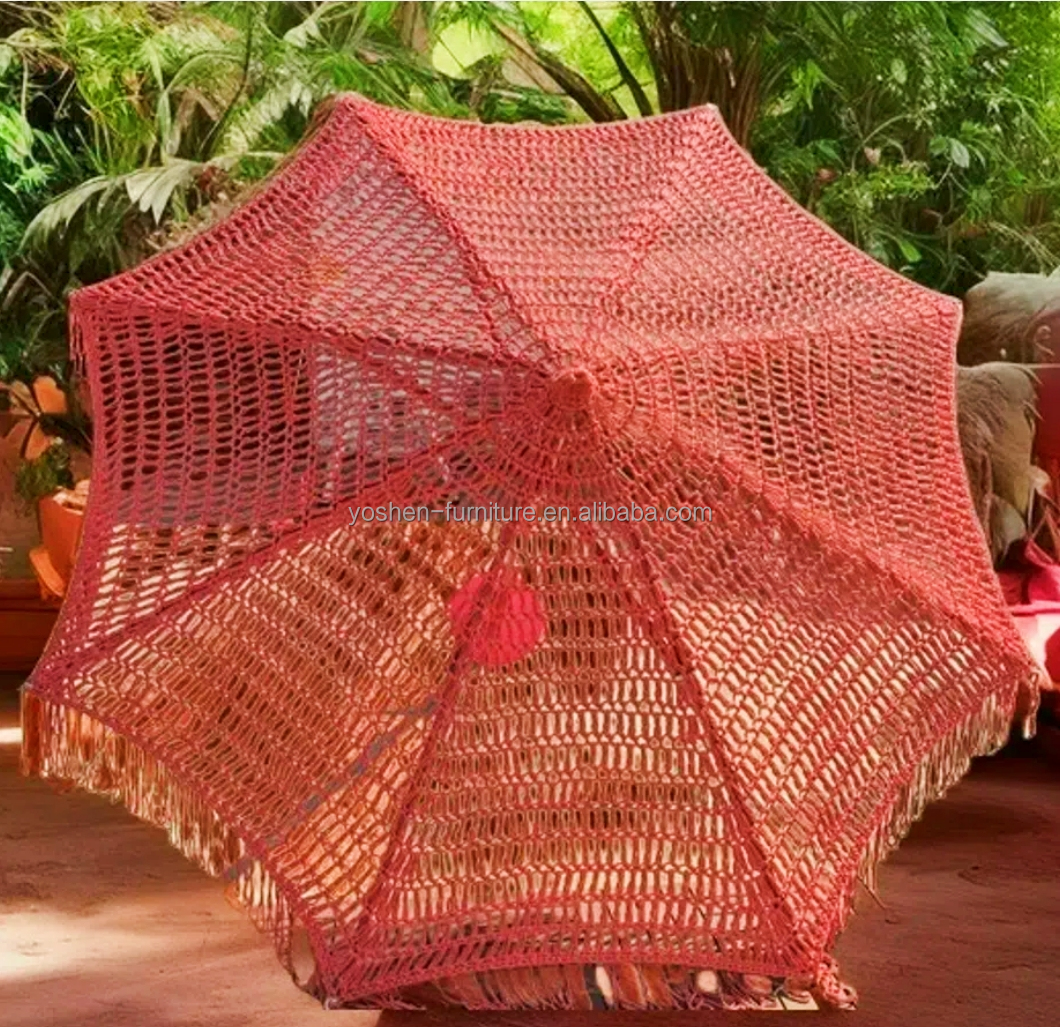 9 ft Yellow INS Trend Resort Umbrella Parasol Woven Crochet Umbrella Tassel Macrame Parasol
