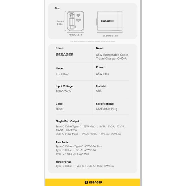 ESSAGER ES-CD49 Series 2 Ports 65W GaN Charger USB Wall Adapter Private Mold and Rated Power 100V-240V AC