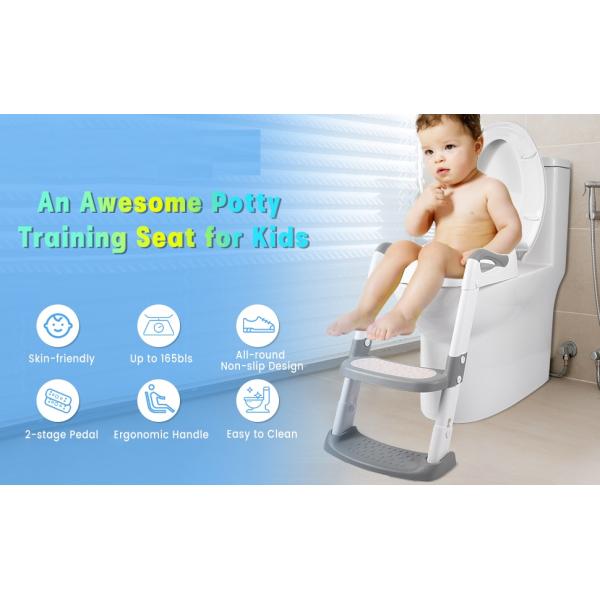 Grey + White 3 In 1 Potty Training Toilet Seat With Step Stool Ladder For 1-6 Year'S Old