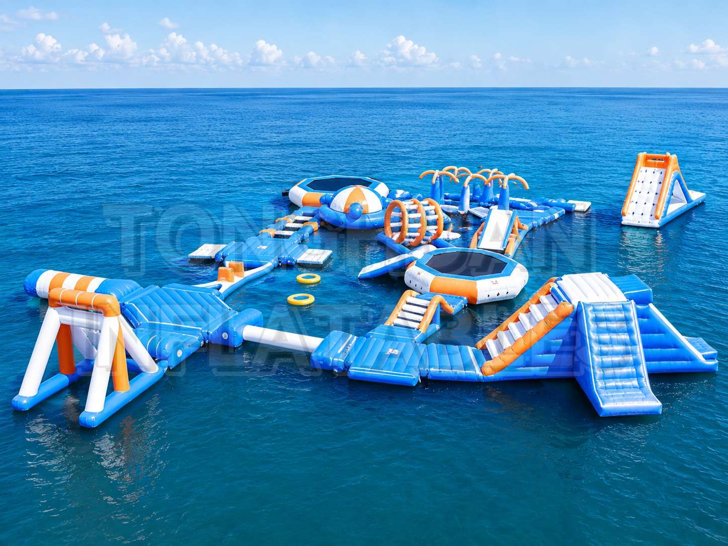 Large Inflatable Ocean Adventure Park with Modular Slides Trampolines Climbing Elements and Activity Zones for Beaches Hotels and Water Recreation Businesses