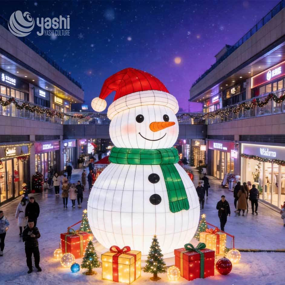 Custom Giant LED Snowman Lantern with Santa Hat, Outdoor Large Christmas Snowman Light Sculpture for Shopping Mall Plaza, Support Customization