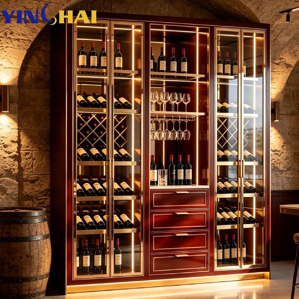 Custom Stainless Steel Normal Temperature Glass Wine Cabinet With LED Lighting