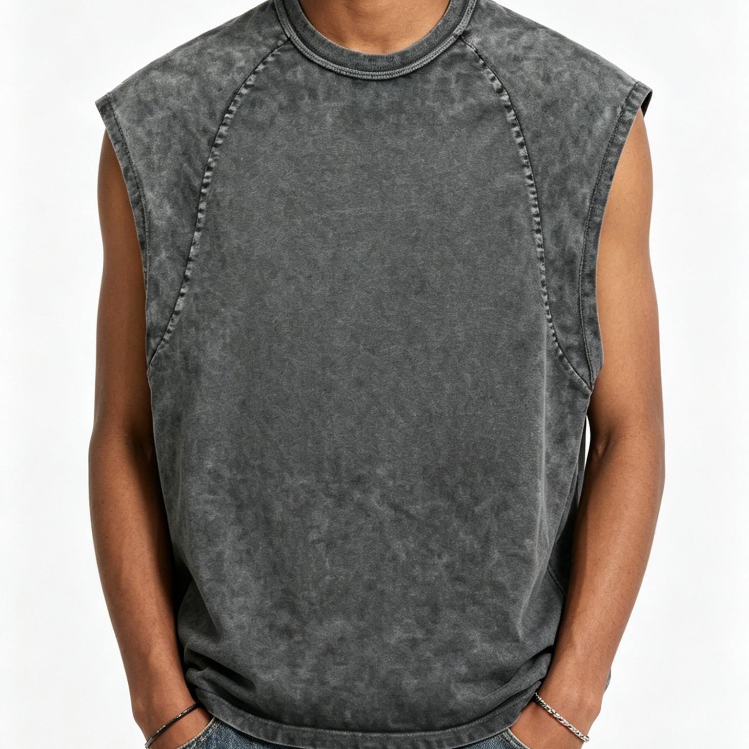 Crew Neck Mens Sleeveless Tank Top Dark Green / Silver Grey 100% Cotton Vest Vintage Washed