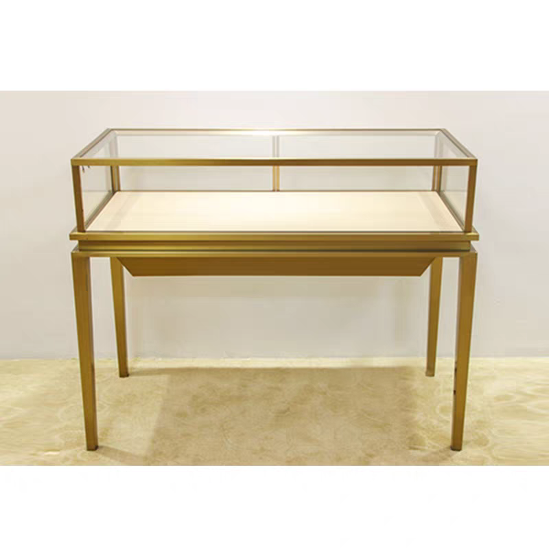 Luxury Champagne Gold Tall Pedestal Jewelry Display Case, Modern Museum Style Showcase with LED Lighting & Lockable Glass Top