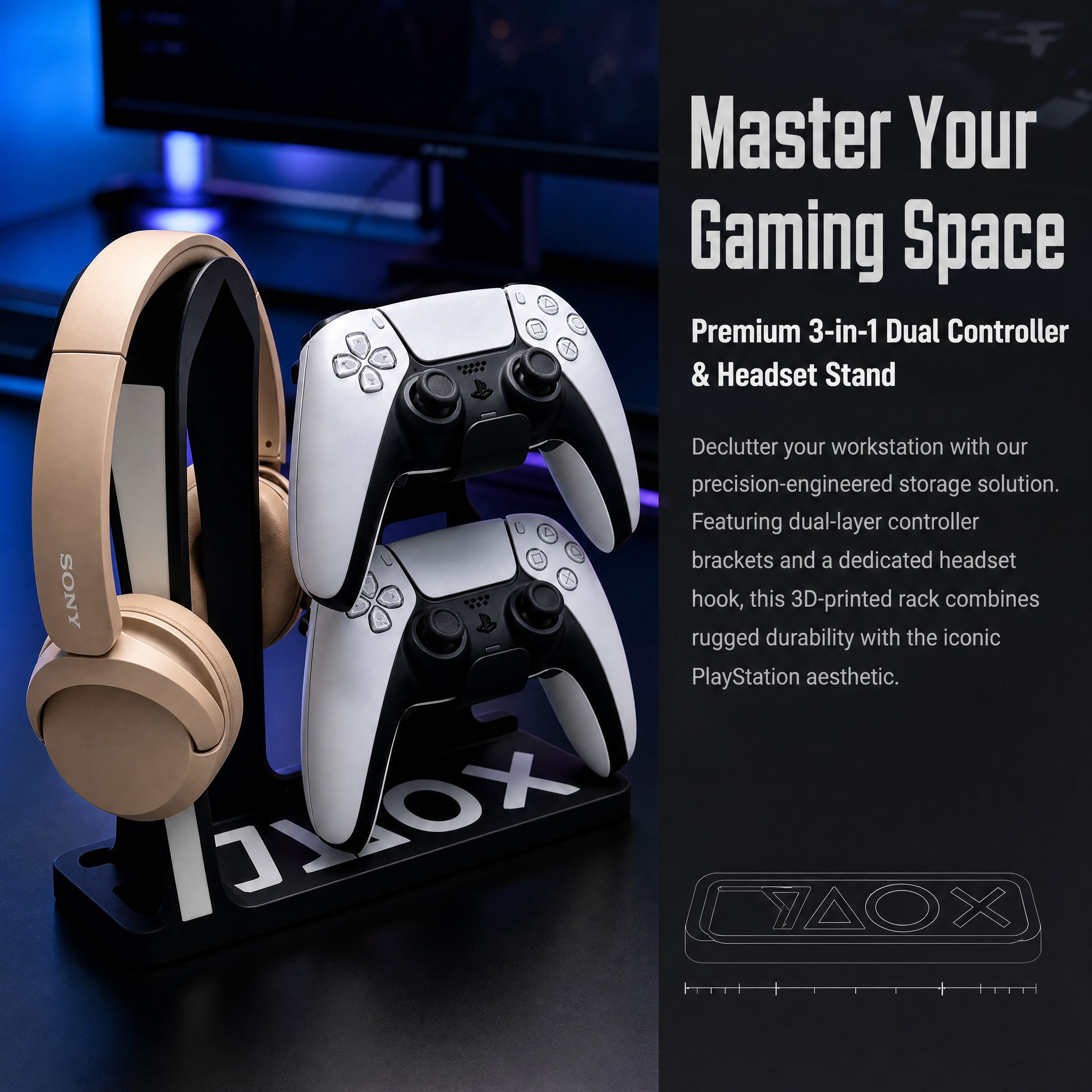 Headset Hanger Digital 3D Printing Game Symbol Base Desktop Dual Controller Holder