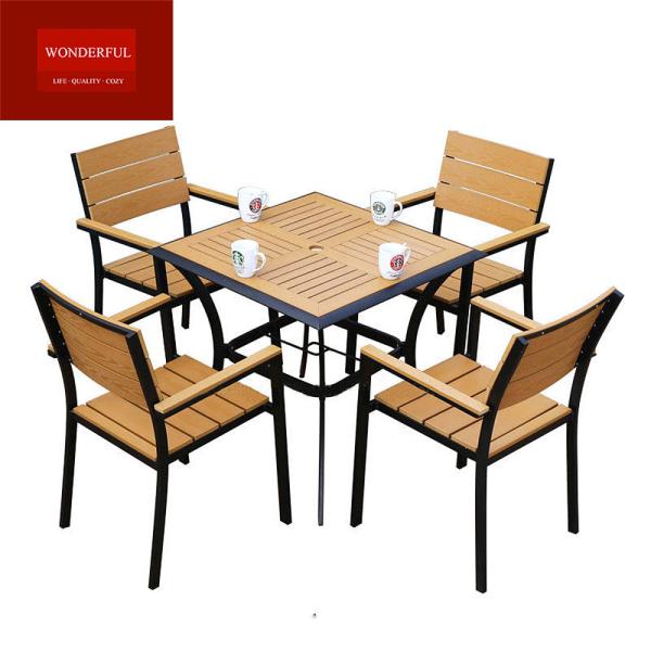 Outdoor Yard Wood Furniture in Black Aluminum Frame with Yellow Plastic Wood Table Set