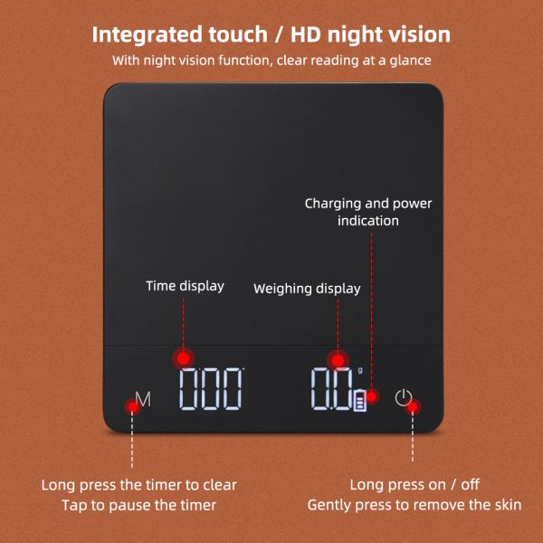 Digital Kitchen Scale with Type-C Charging Integrated Touch Screen Timer and Waterproof Design for Coffee and Food Measurement