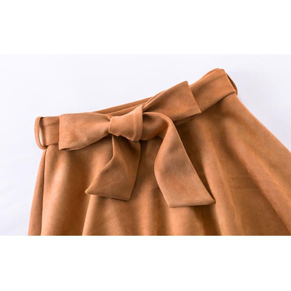 Camel Belted Knee Length Ladies Dress Skirt Suede Belted Bow Tie Whole Flare