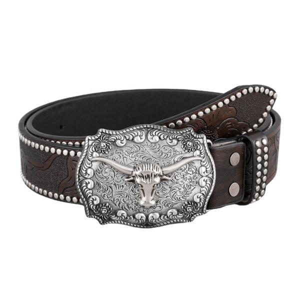 Unisex Vintage Cow Head Embossed PU Leather Belt with Buckle Fastening Western Rivet Belt