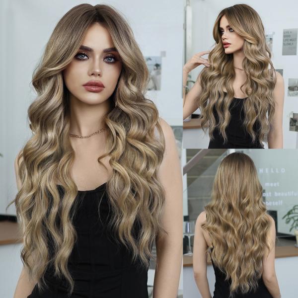 Fashion Long Body Wave Dark Root Hair  Brown/Blonde Synthetic Wigs For Women