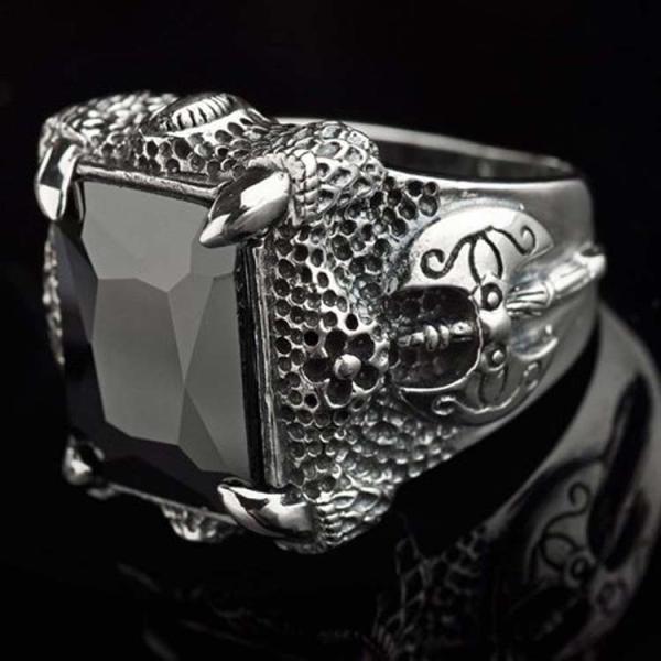 Mens Thailand Retro Dragon Sterling Silver Ring with Created Black Onyx(023605BLACK)