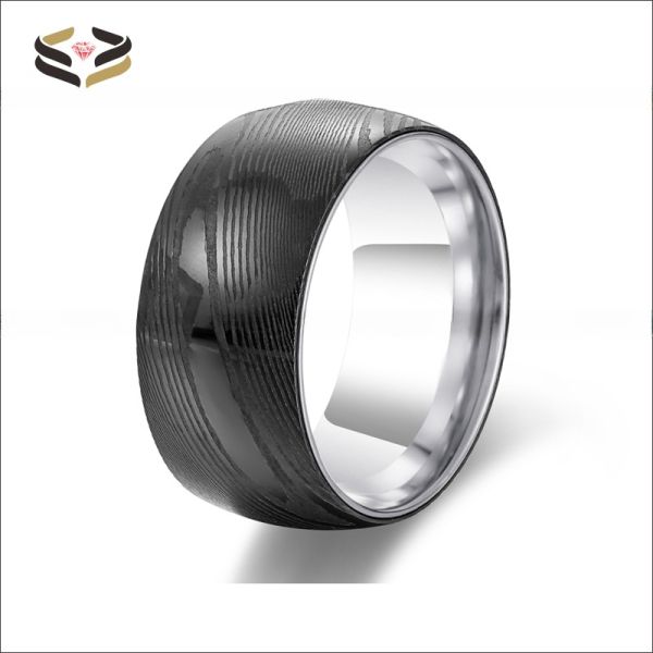 8mm Dome Black Mens Damascus Wedding Band Ring Inlaid Silver Tungsten Sleeve Comfort Fit Geometric Shape Pearl Type Other