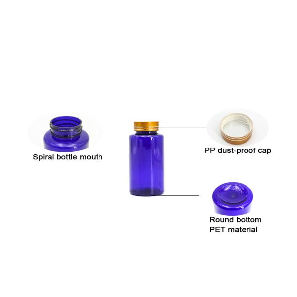 6.76oz/200ml Blue PET Plastic Universal Packaging Bottle, Health Medicine Pill And Capsule Bottle With Screw Cap