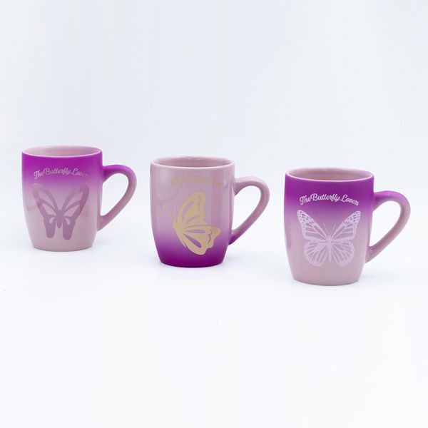 Dia 8.4*6.3cm 10.2cmH 340ml souvenir coffee mug with color spraying and decal fired for Liang Zhu enthusiasts