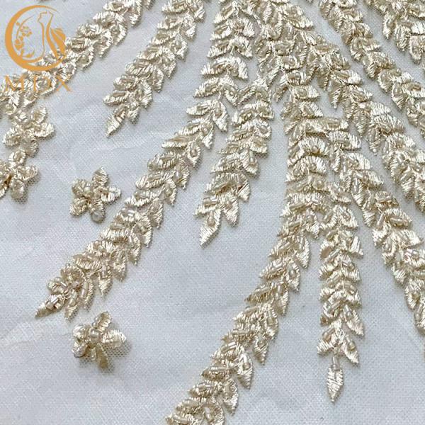 White Nigerian Wedding Dress Beaded Lace Fabric 91.44Cm Length