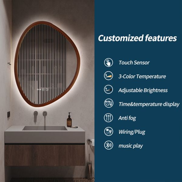 Walnut Color Wood Frame LED Mirror Illuminated Bathroom Decorative Mirror