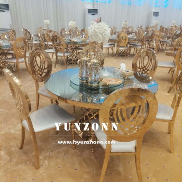 Deluxe Hotel Furniture Round Circle Mirror Glass Stainless Steel Modern Dining Tables Set
