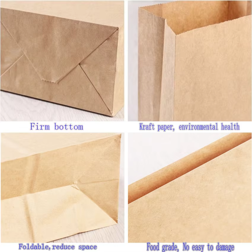 Customized Food Grade Fast Food Take Away Bread Paper Bag Flat Square Bottom Sos Brown Kraft Paper Bag No Handle