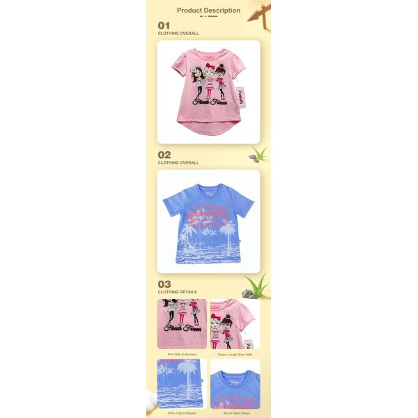 Anti-Shrink Eco-friendly Print Embroidery O-neck Organic Cotton Summer Tops for Girls