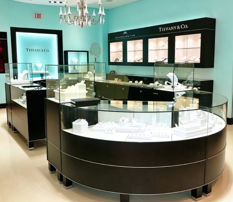 Custom Black and Silver Tone Jewelry Display Cabinet with Premium Ultra-Clear Tempered Glass and Built-in LED Lighting System for Luxury Jewelry Stores