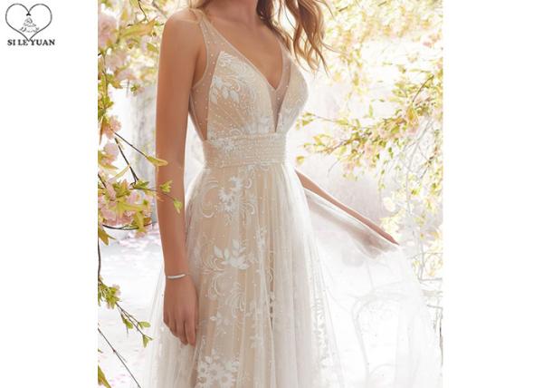 Sexy A Line Bridal Gowns / Sling Beige Deep V Neck Wedding Gown Laces Beading