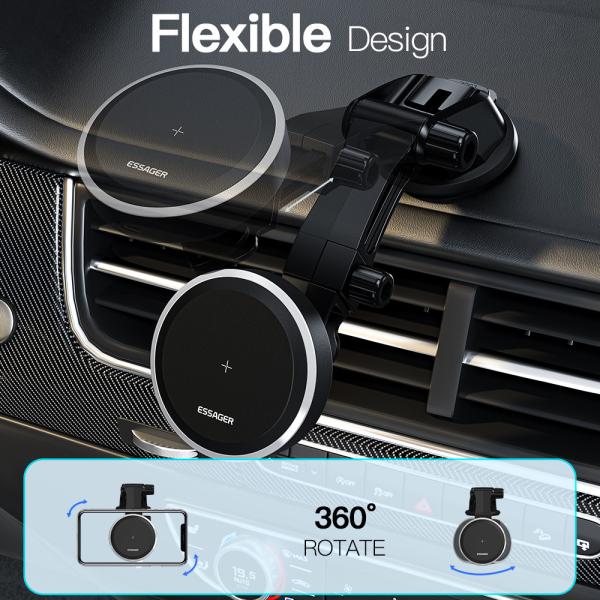 Essager 2022 Ferris Wheel 15W Wireless Charging RGB Ambient Light 360 Rotational Car Charger Holder For Car
