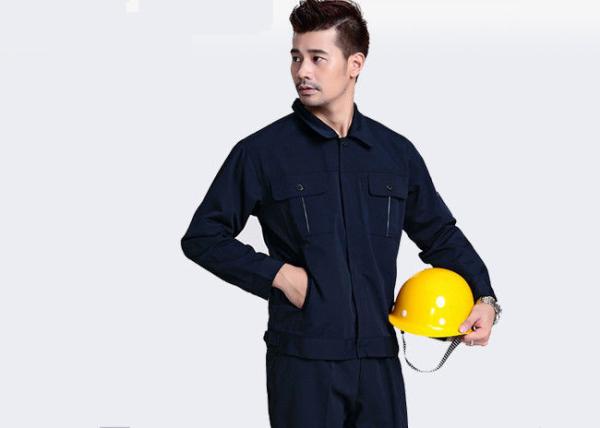 Dark Blue Polyester Industrial Work Uniforms Anti - Pilling / Durable Apparel