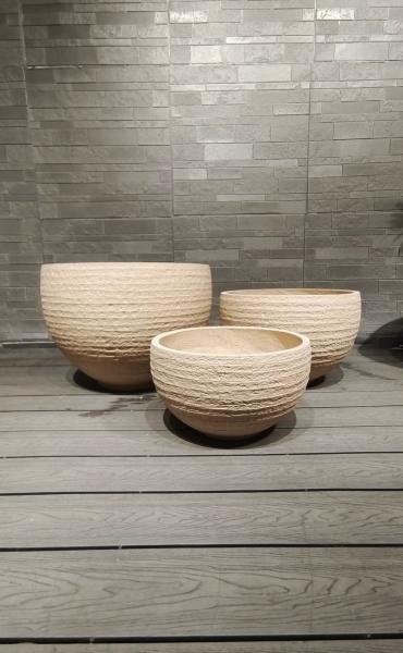 Round Fiber Clay Planter Natural Rustic Style Light Beige Striped Layered Effect