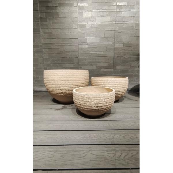 Round Fiber Clay Planter Natural Rustic Style Light Beige Striped Layered Effect