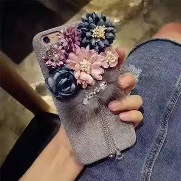 DIY Luxurious Flower Cluster Fox Fur Love Word Pendants Cloth Type Cell Phone Case Cover For iPhone 7 6s Plus