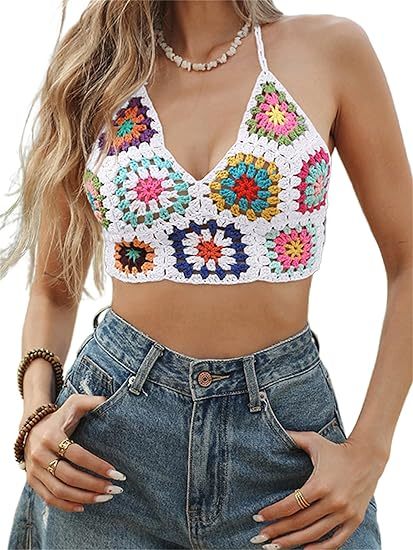 Women Summer Beach Crochet Top Bralette Knit Bra Bikini Crochet Halter Tops for Women Backless Camisole Knit Bra Tops Bralette Summer Beachwear