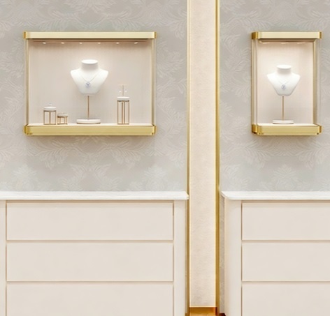 Light Luxury Customized Wall Mounted Jewelry Showcase Champagne Gold Stainless Steel Glass Wall Cabinet LED Light Showroom