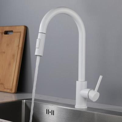SUS304 Kitchen Extendable Pull Out Sink Faucet Tap With Sprayer Matte white