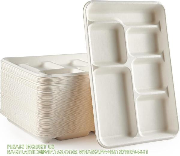Compostable 6 Compartment Plates, 90 Pack Compartment Paper Plate, 12.5 * 8.6 inch Disposable School Lunch Trays
