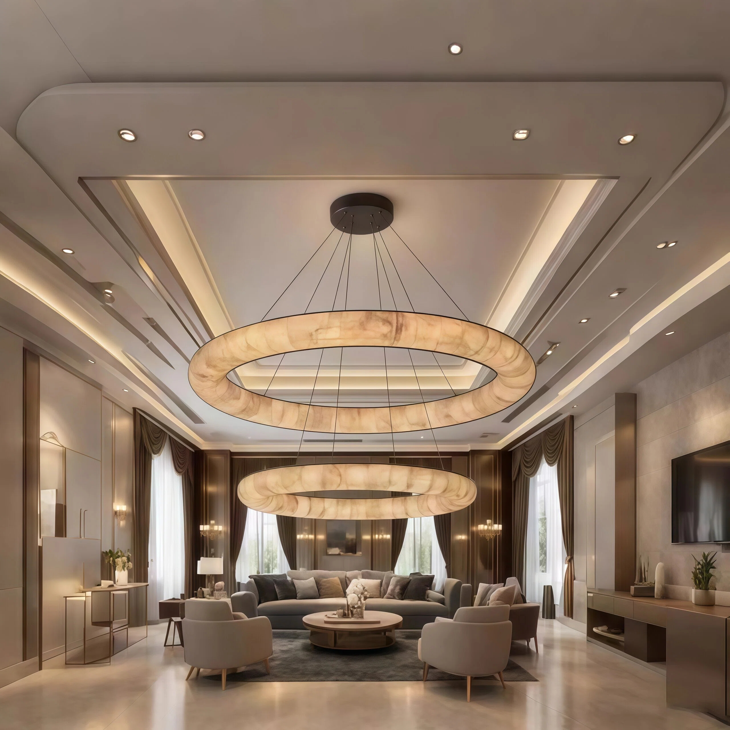 JYLIGHTING Modern 2-Tier Marble & Copper LED Pendant Light, Dimmable Circular Suspension Lamp for Dining & Living Room