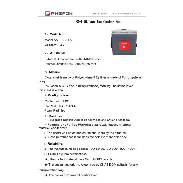 Phefon CE ISO Qualified 1.5 Liters Vaccine Cooler Box Including Ice Pack For Safe Temperature-Controlled Vaccine Transportation