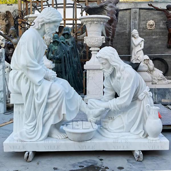 Marble Jesus Washing His Disciple'S Feet Sculpture Life Size White Marble Jesus Washing Feet Statue Religious