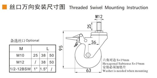 EDL Light Duty Zinc Coating 2.5inch 70kg Threaded TPE Caster by Swivel and Brake type