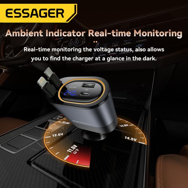 ESSAGER SHE-6001 45W PD 30W Car Charger with Fast USB C Lighting Cable Aluminium Alloy PC Material