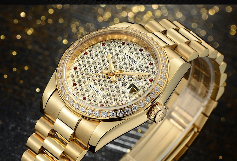 Full Diamond Dial Men Quartz Watch Stainless Steel Band Bling Crystal Bezel Luxury Business Wrist Watch Gift For Men Wedding Anniversary