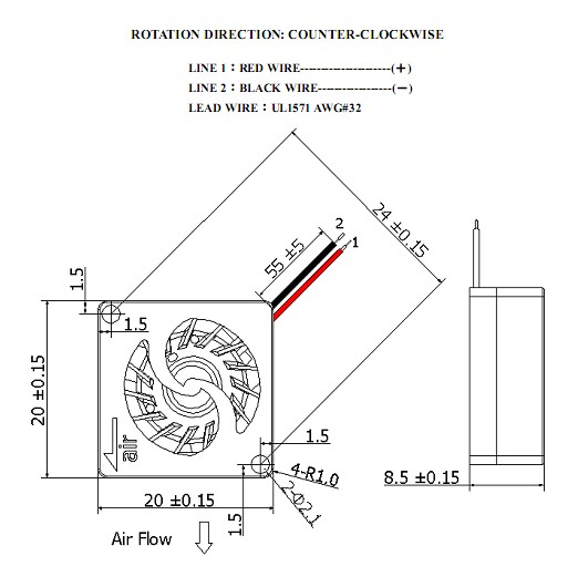 20mm Micro Lightweight DC Blower Fan 0 . 45 / 0 . 66CFM Air Flow