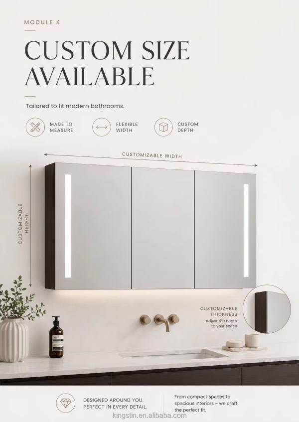 Kingstin Premium Copper-Free Silver Glass Smart LED Mirror Cabinet for Hotels & Home Bathrooms