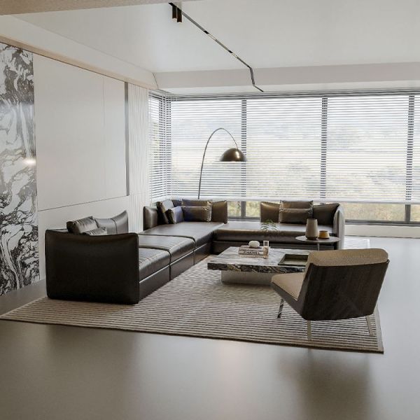 Modular Modern Italian Minimalist Black Leather Sofa Head Layer Cowhide Large Flat Layer Straight Row Corner Down Sofa