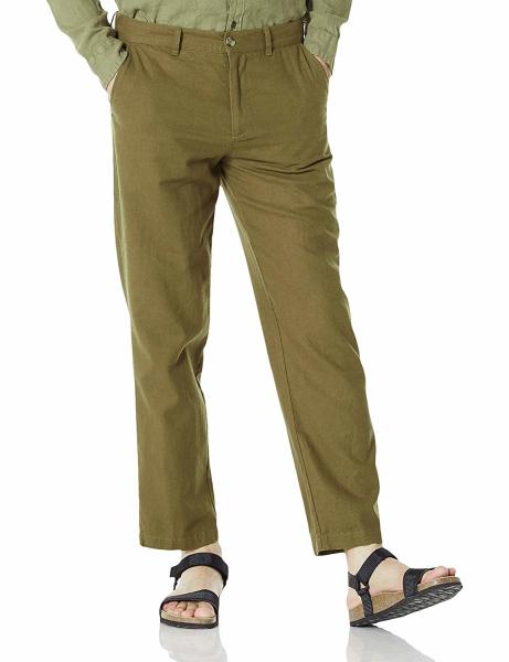 Slim Fit Cropped Mid Waist Mens Casual Linen Pants Size 32 34 36 Olive Green