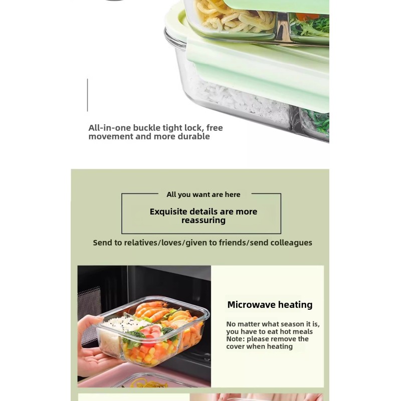 Microwave Safe Bento Box Heatable Food Box with Glass Bowl and Plastic Lids for Office Workers