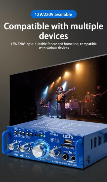 AV-263BT 2.0 Channel 120W HiFi Mini BT Wireless Home & Car Amplifier 110V/220V 12V MP3 Player Receiver