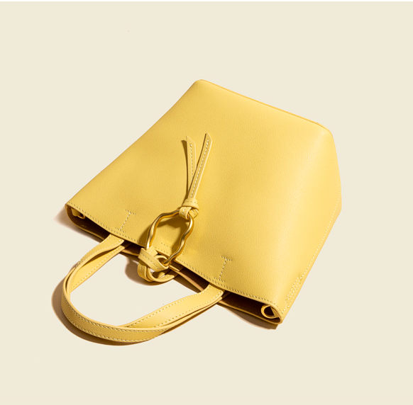 16cm Yellow Leather Tote Bag Cowhide Trapezoid Handbag
